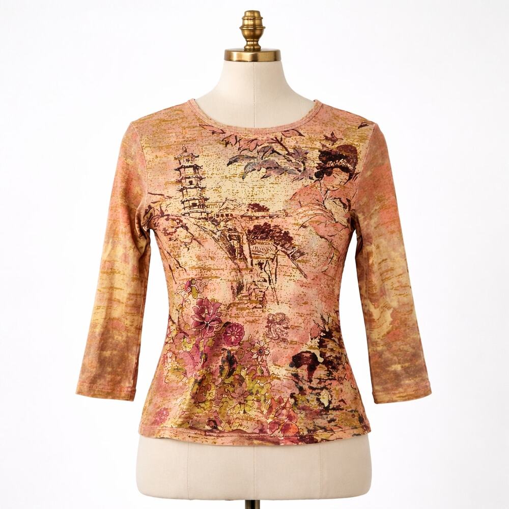 Y2K Gloria Vanderbilt Asian Scenic Floral Print Top Size M 100% Cotton